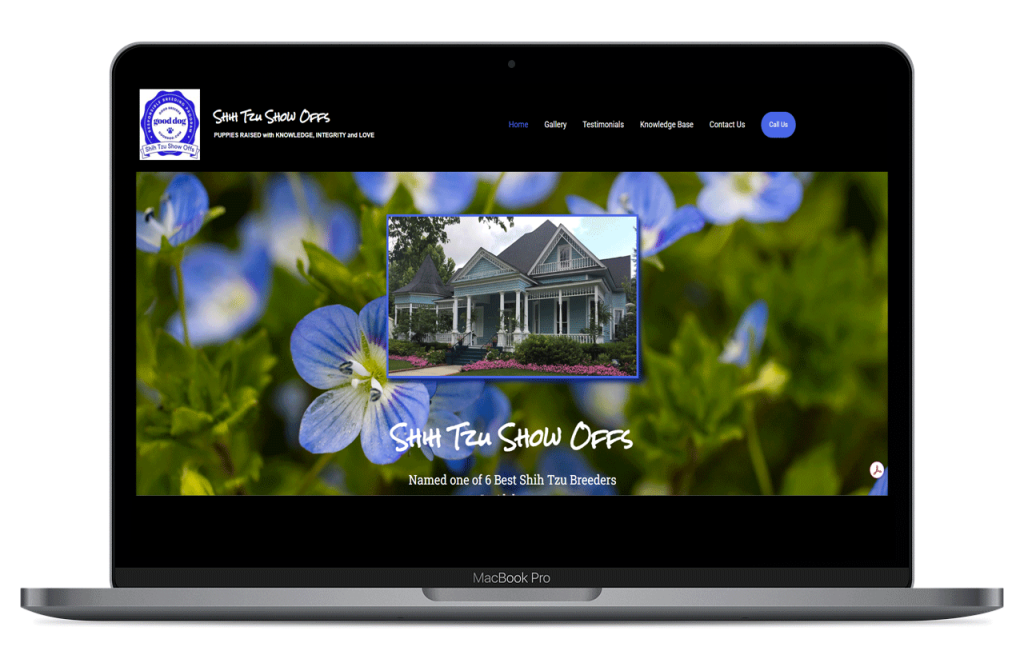 MacBook Pro screen showing a dark breeder website with a vibrant flower background and a framed house photo in the hero, plus navigation bar.